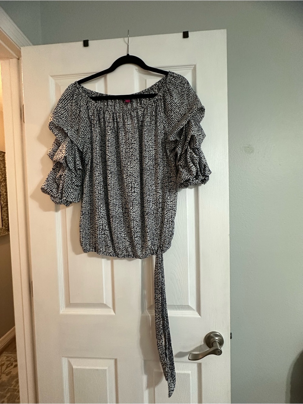 Vince camuto Black & White Patterned Off-Shoulder Peasant Top with Tie